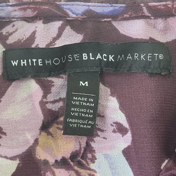 WHITE HOUSE BLACK MARKET BURGUNDY & PINK MULTICOLOR FLORAL RUFFLE BLOUSE size M - Picture 9 of 11